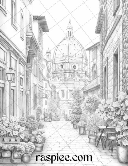 40 Beautiful Cities Travel Grayscale Coloring Pages Printable for Adults, PDF File Instant Download