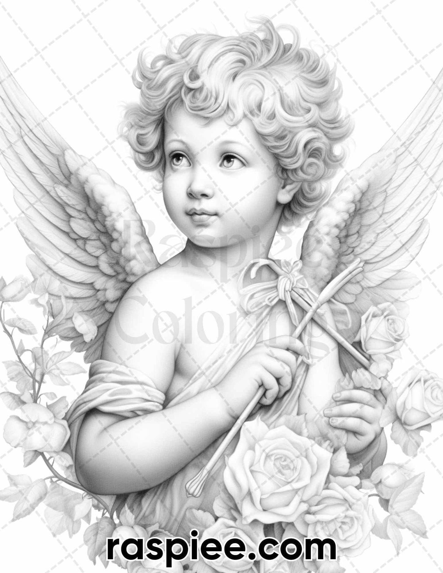 40 Valentine's Day Cupid Grayscale Adult Coloring Pages, Printable PDF Instant Download