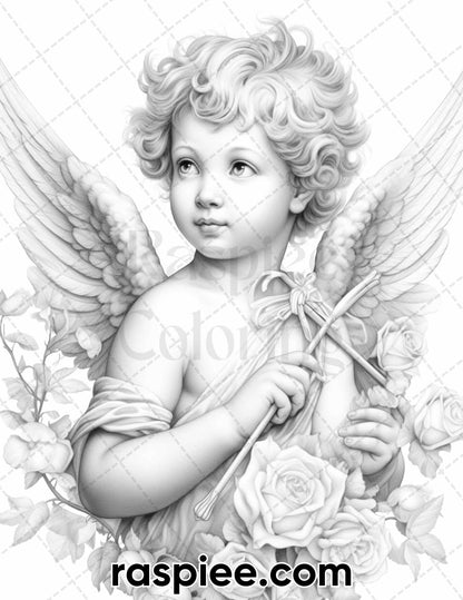 40 Valentine's Day Cupid Grayscale Adult Coloring Pages, Printable PDF Instant Download