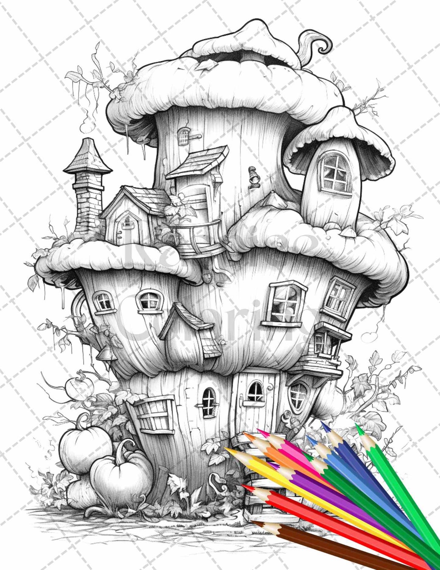 40 Pumpkin Fairy Houses Grayscale Coloring Pages Printable for Adults, PDF File Instant Download