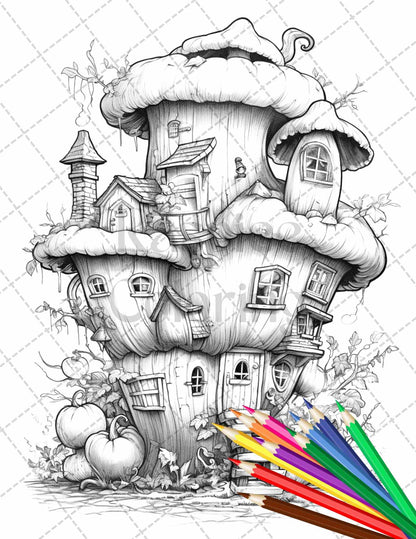 40 Pumpkin Fairy Houses Grayscale Coloring Pages Printable for Adults, PDF File Instant Download