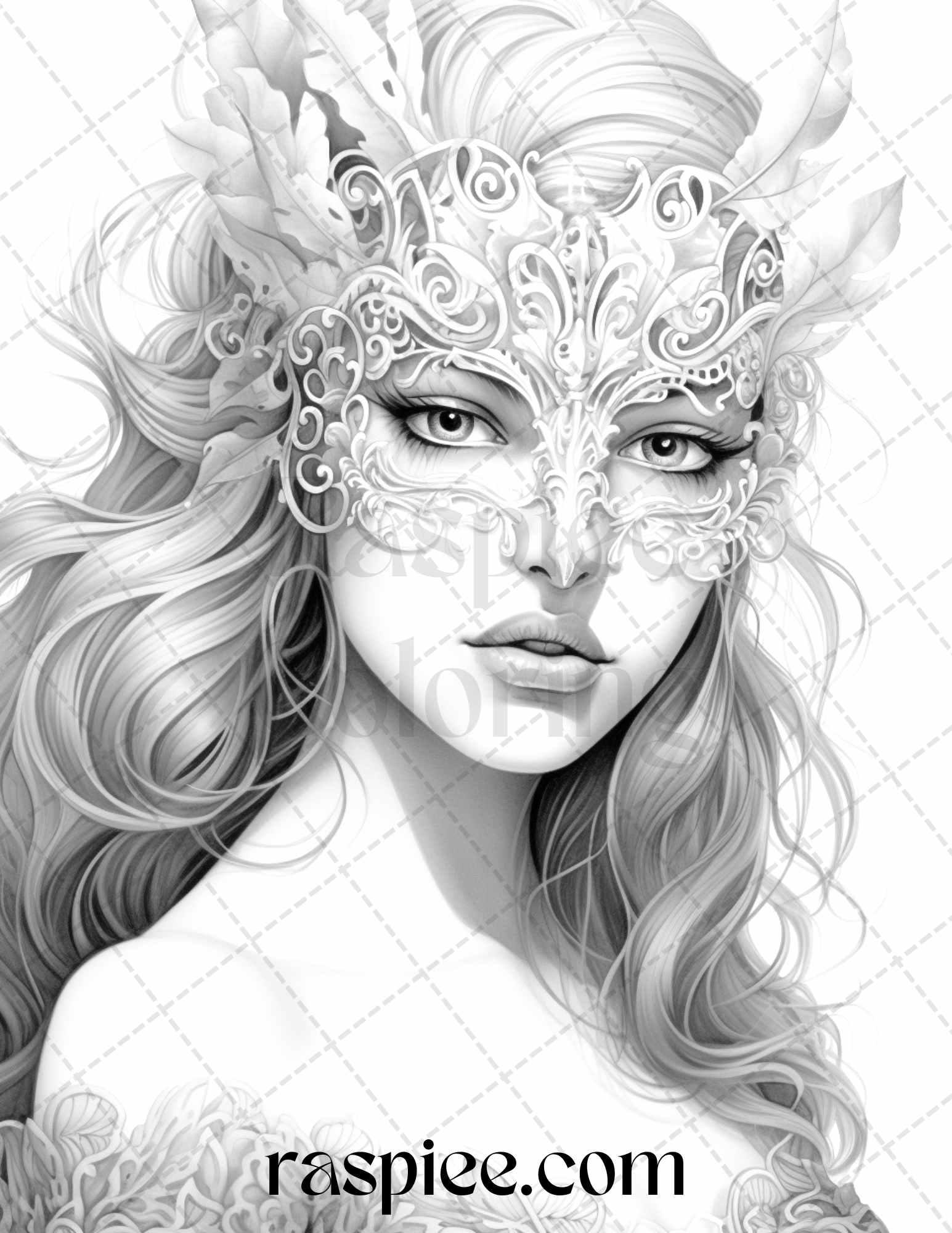 40 Masquerade Girls Grayscale Coloring Pages Printable for Adults, PDF File Instant Download