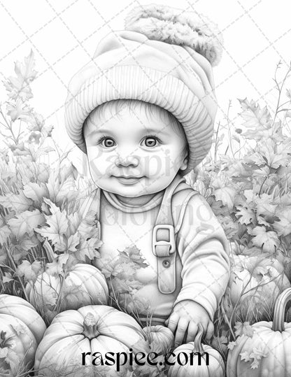 40 Pumpkin Babies Grayscale Coloring Pages for Adults and Kids, Printable PDF File Instant Download