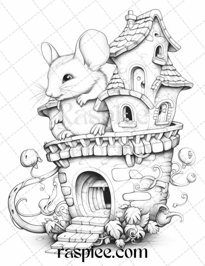 40 Magical Mouse Houses Grayscale Coloring Pages Printable for Adults, PDF File Instant Download