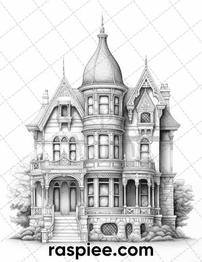 40 Victorian Mansions Grayscale Coloring Pages for Adults, Printable PDF Instant Download