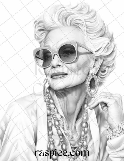 40 Fashionista Grandma Grayscale Coloring Pages Printable for Adults, PDF File Instant Download