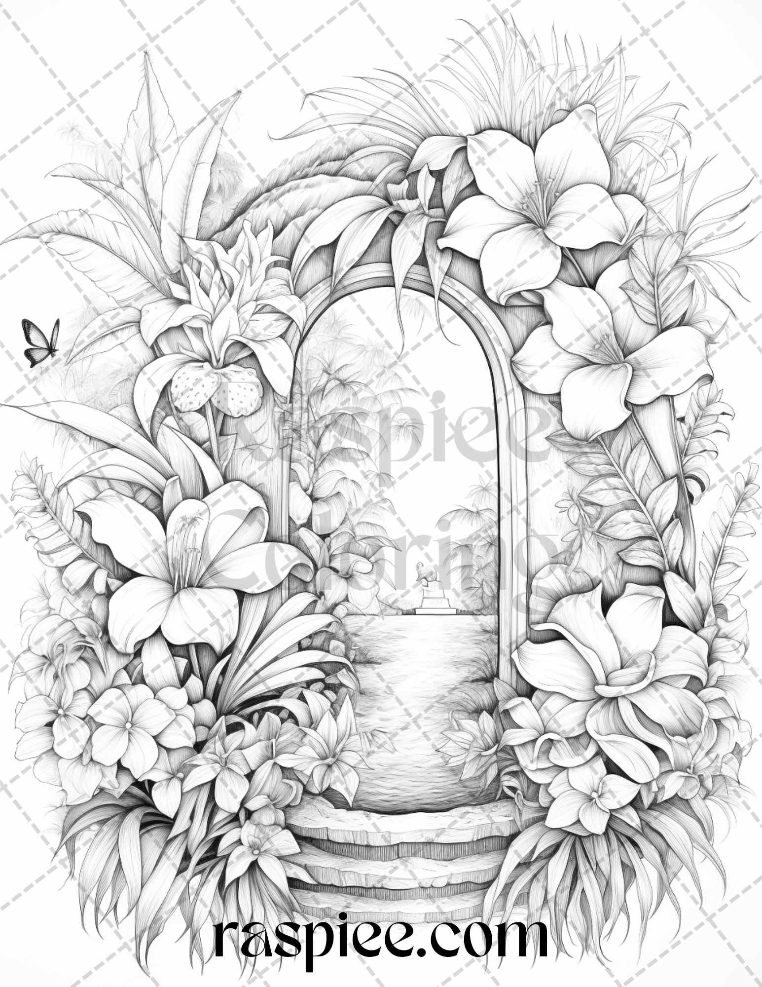 40 Flower Fairy Doors Grayscale Coloring Pages Printable for Adults, PDF File Instant Download