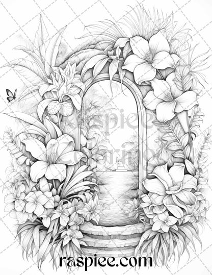 40 Flower Fairy Doors Grayscale Coloring Pages Printable for Adults, PDF File Instant Download