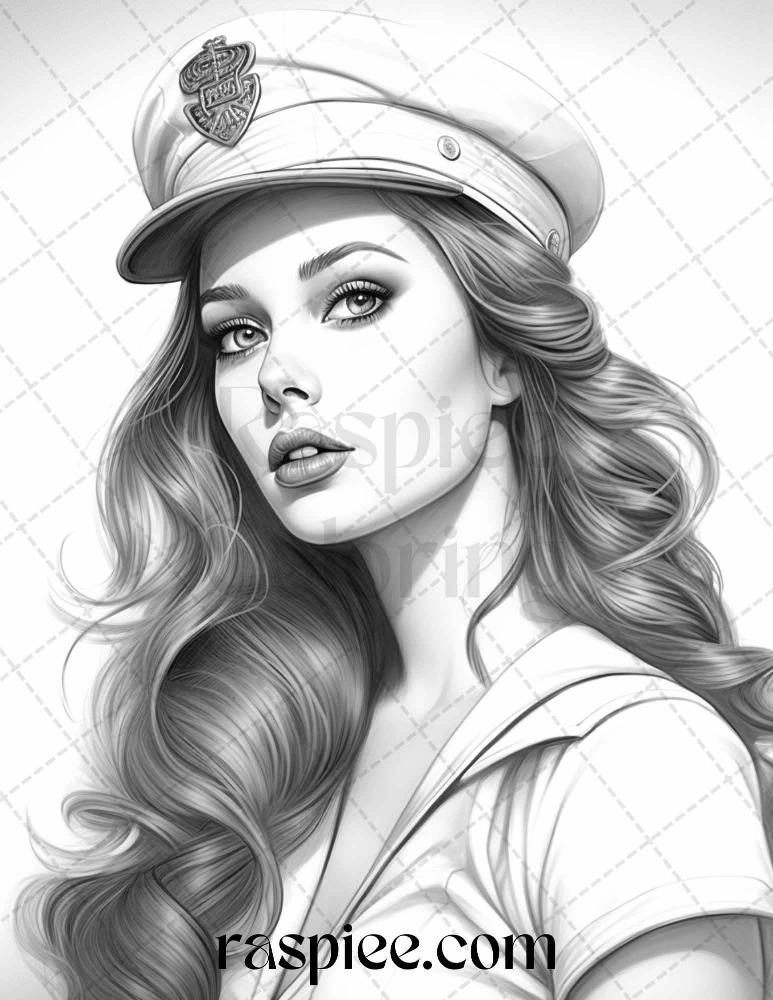 40 Sailor Pin Up Girls Grayscale Coloring Pages Printable for Adults, PDF File Instant Download