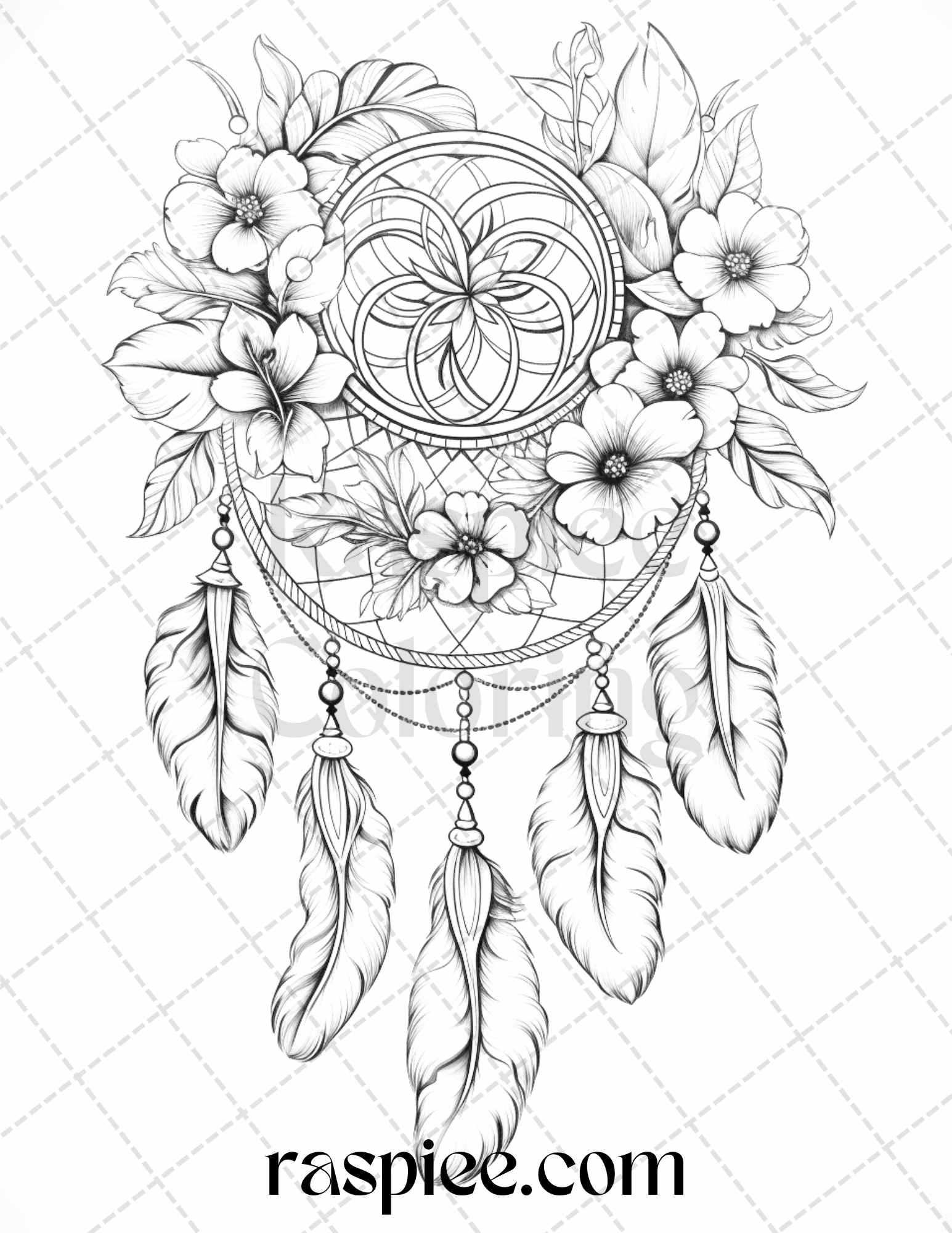 30 Flower Dreamcatcher Grayscale Coloring Pages Printable for Adults, PDF File Instant Download