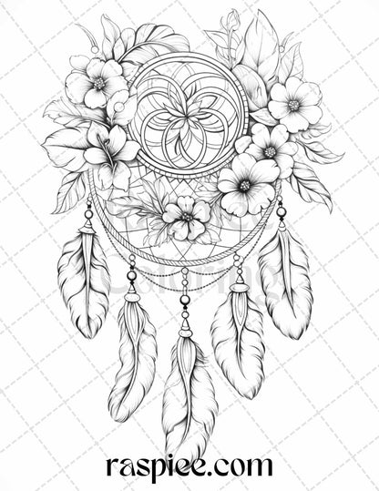 30 Flower Dreamcatcher Grayscale Coloring Pages Printable for Adults, PDF File Instant Download