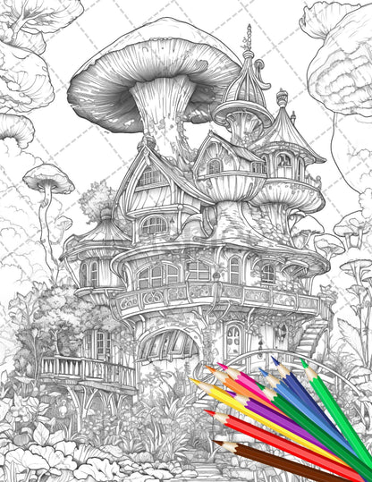 30 Fantasy Fairy Houses Coloring Page Book, Printable Adult Coloring Pages, Enchanted Fairy Home Grayscale Coloring Book, Printable PDF File