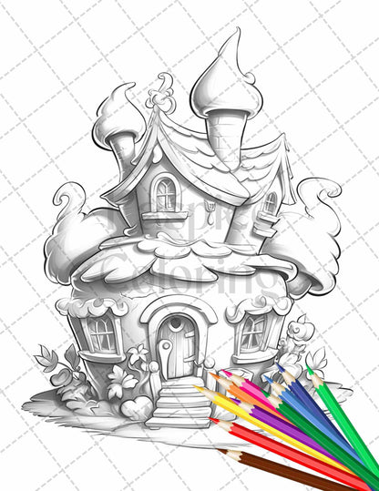 50 Adorable Cake Houses Grayscale Coloring Pages Printable for Adults and Kids, PDF File Instant Download