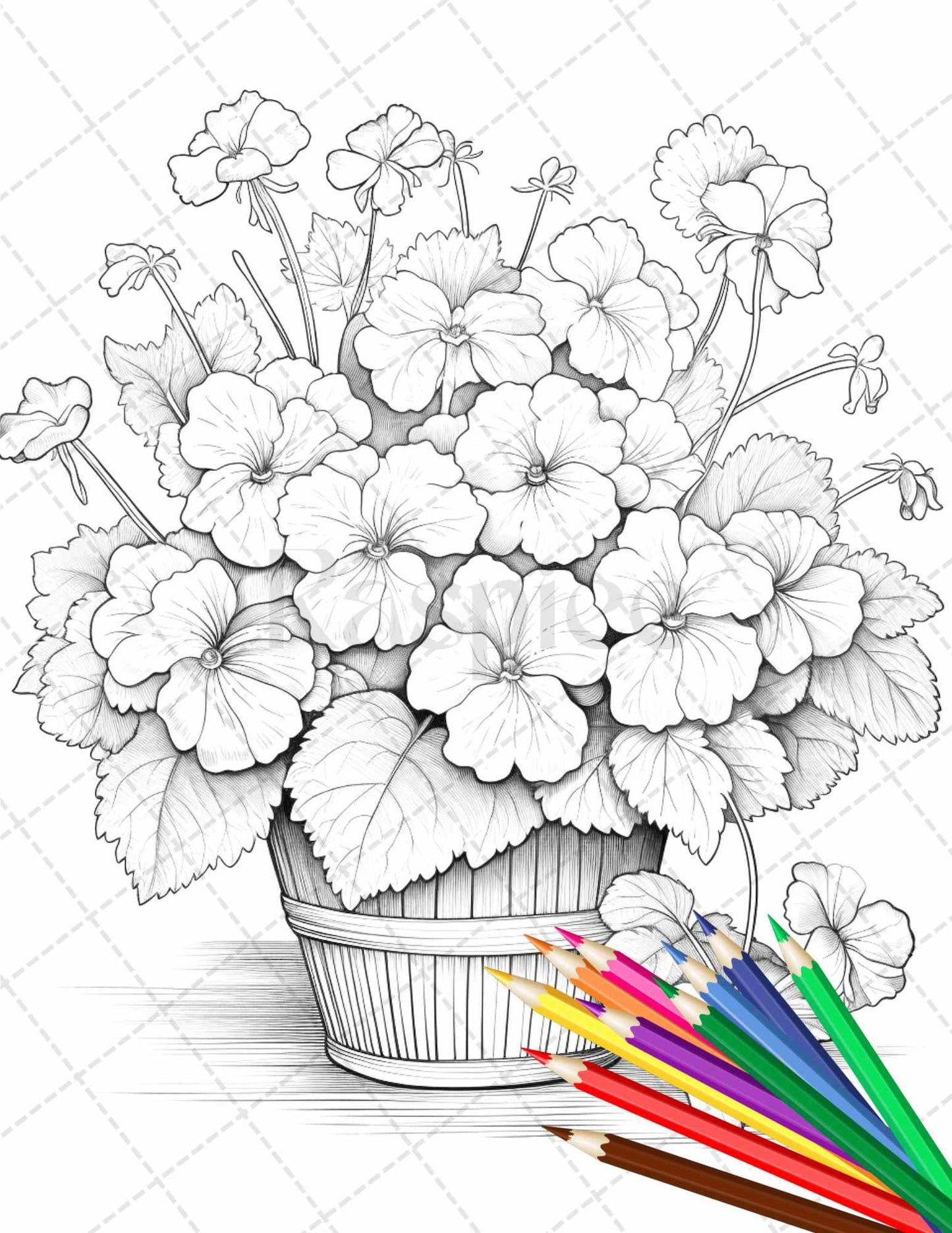 30 Flower Baskets Grayscale Coloring Pages for Adults, PDF File Instant Download