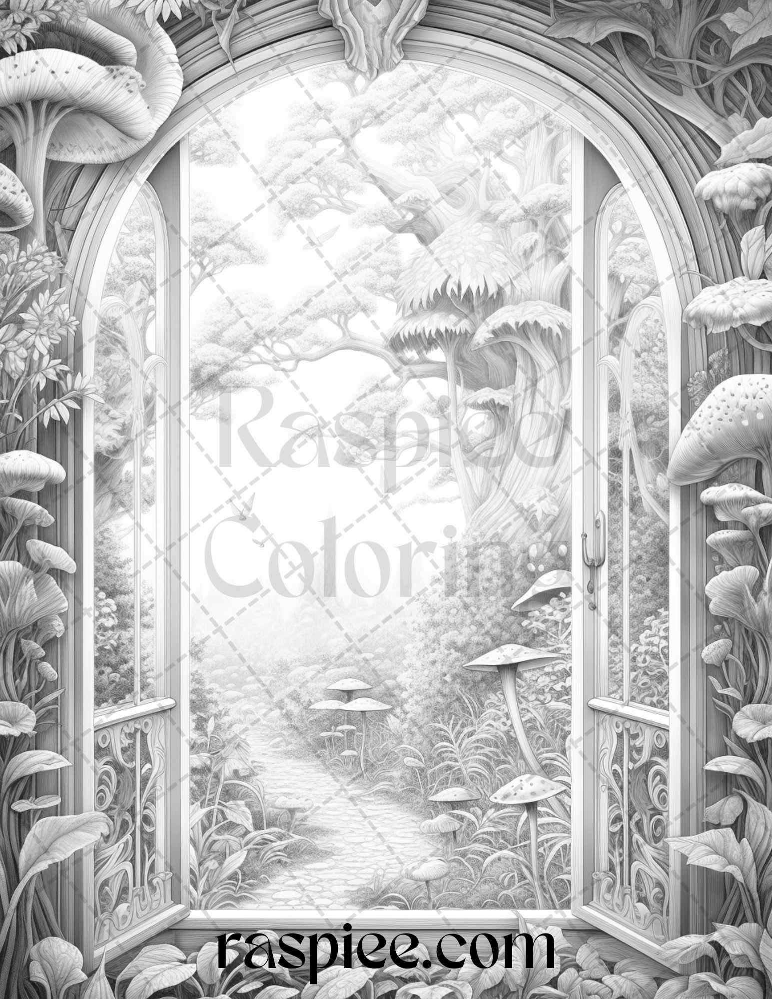 40 Window to Fantasy Worlds Grayscale Coloring Pages Printable for Adults, PDF File Instant Download