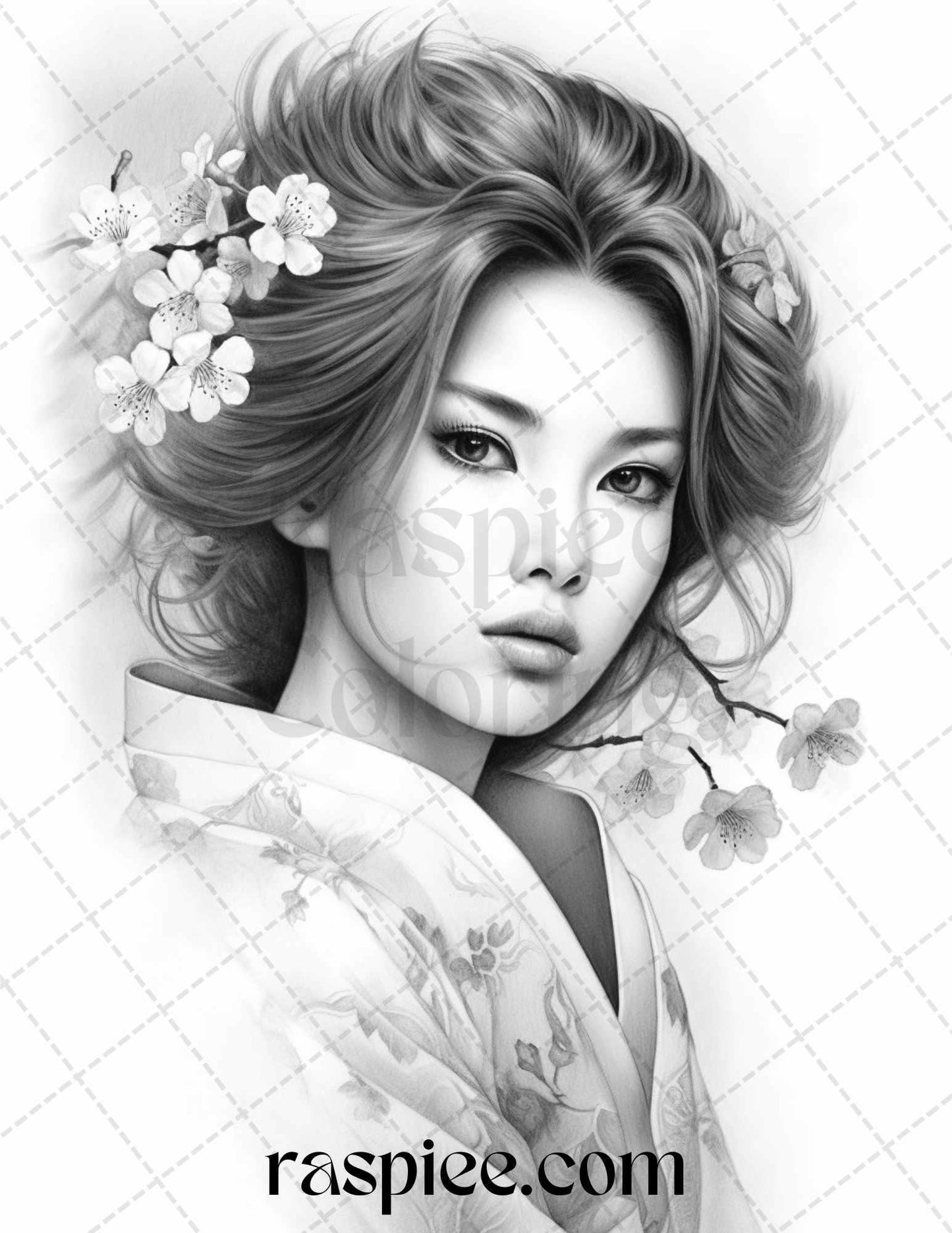 40 Beautiful Japanese Girls Grayscale Coloring Pages Printable for Adults, PDF File Instant Download