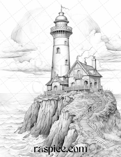 40 Majestic Lighthouses Grayscale Coloring Pages Printable for Adults, PDF File Instant Download