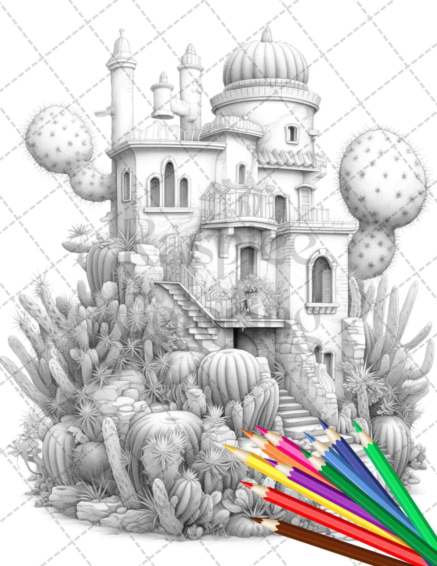 46 Fantasy Cactus Houses Grayscale Coloring Pages Printable for Adults, PDF File Instant Download