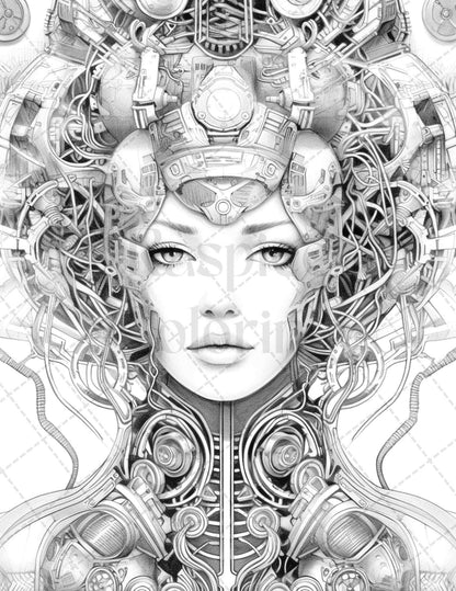 40 Beautiful Cyborg Girls Grayscale Coloring Pages Printable for Adults, PDF File Instant Download