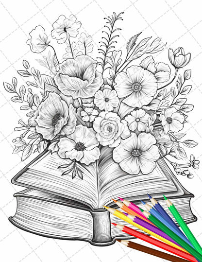 31 Book Flowers Coloring Pages Printable for Adults, Grayscale Coloring Page, PDF File Instant Download