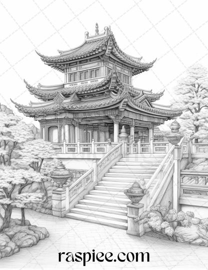 40 Traditional Chinese Houses Grayscale Coloring Pages Printable for Adults, PDF File Instant Download