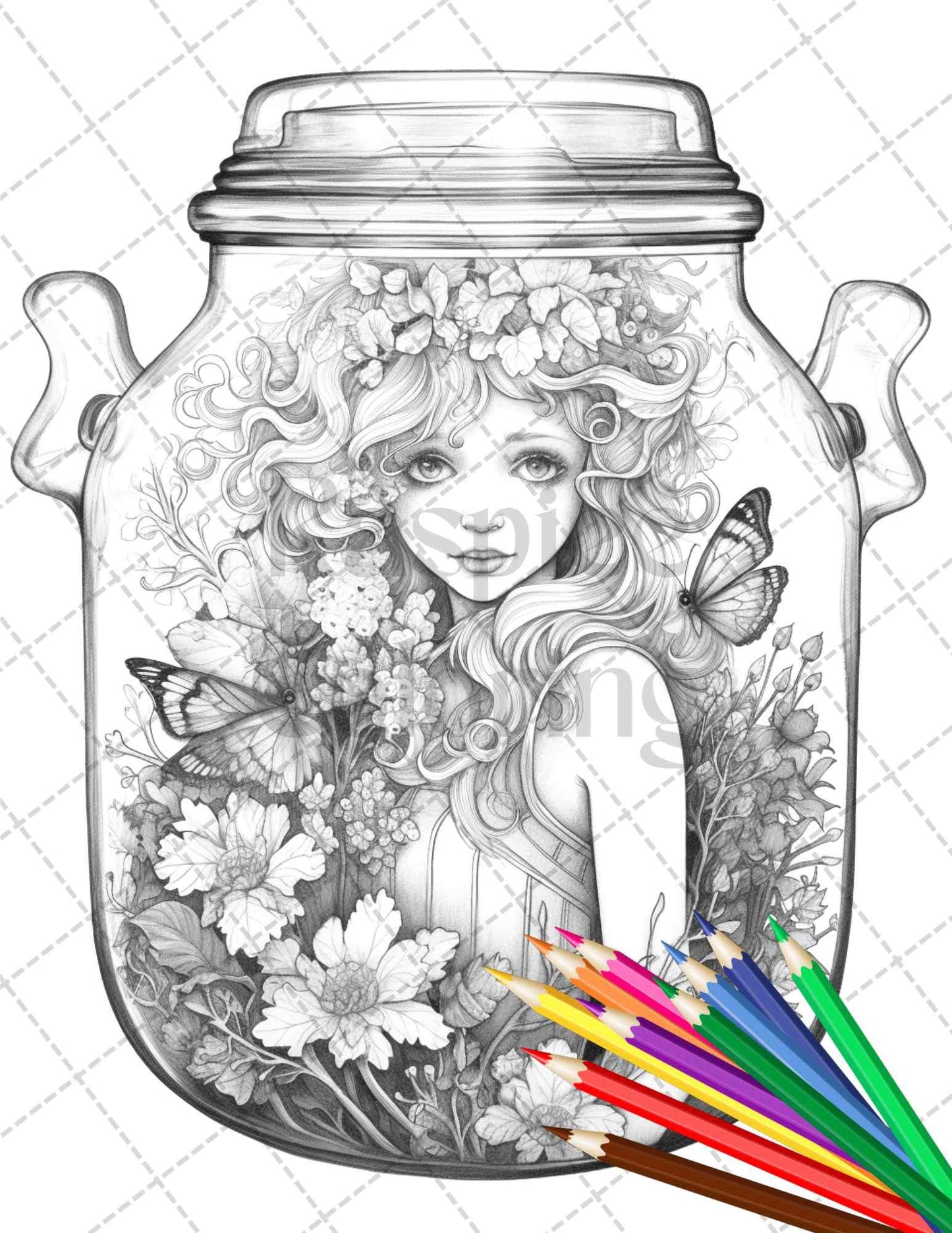 40 Beautiful Fairies in Jar Grayscale Coloring Pages Printable for Adults, PDF File Instant Download