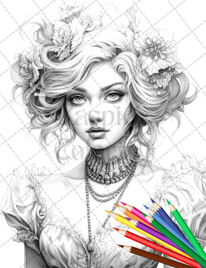 40 Beautiful Gothic Girls Grayscale Coloring Pages Printable for Adults, PDF File Instant Download