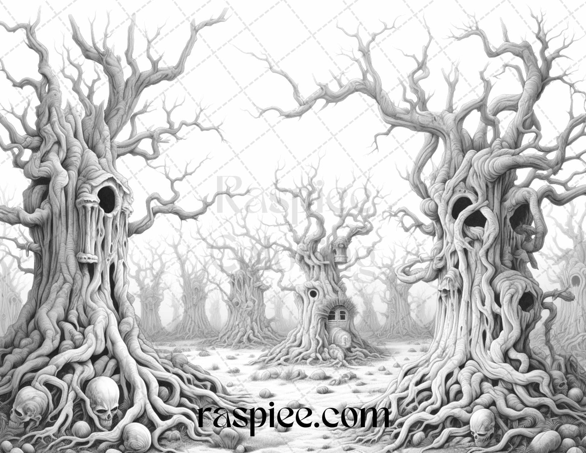 40 Halloween Landscapes Grayscale Coloring Pages Printable for Adults, PDF File Instant Download