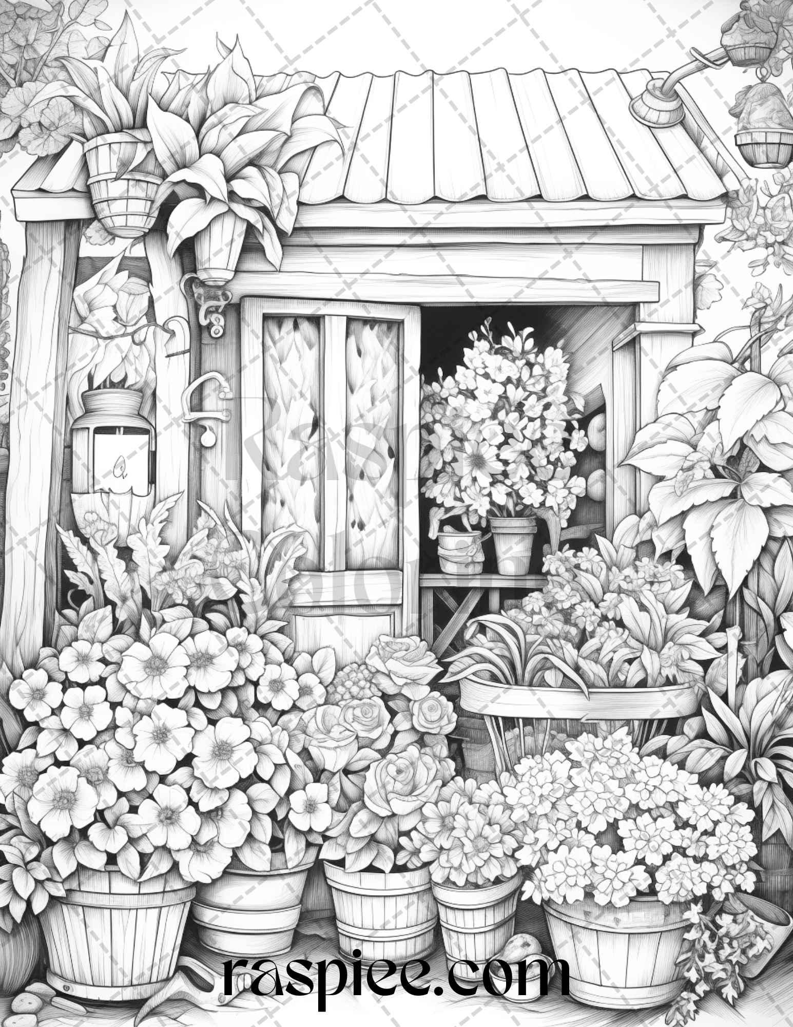 45 Flower Store Front Grayscale Coloring Pages Printable for Adults, PDF File Instant Download