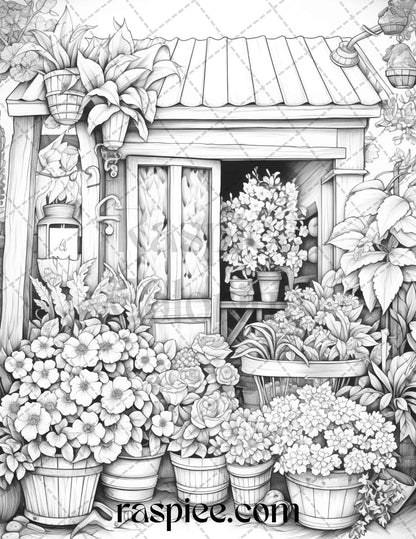 45 Flower Store Front Grayscale Coloring Pages Printable for Adults, PDF File Instant Download