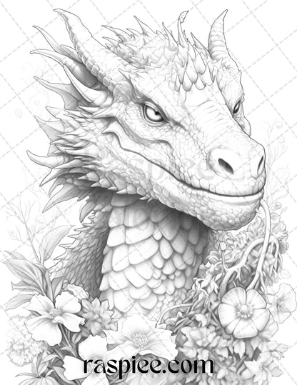 40 Flower Dragon Grayscale Coloring Pages Printable for Adults, PDF File Instant Download