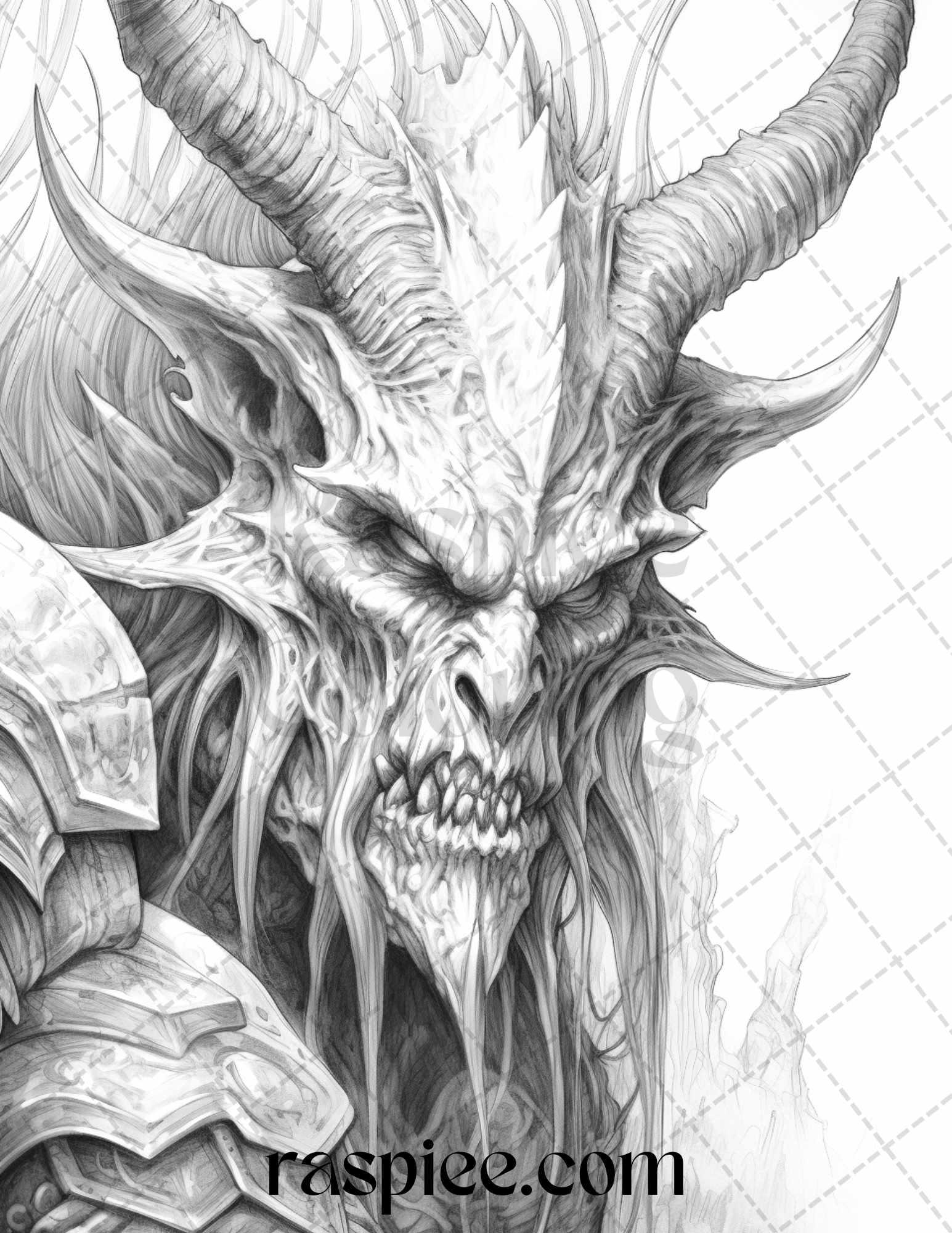 43 Fantasy Demons Grayscale Coloring Pages for Adults, Printable PDF File Instant Download