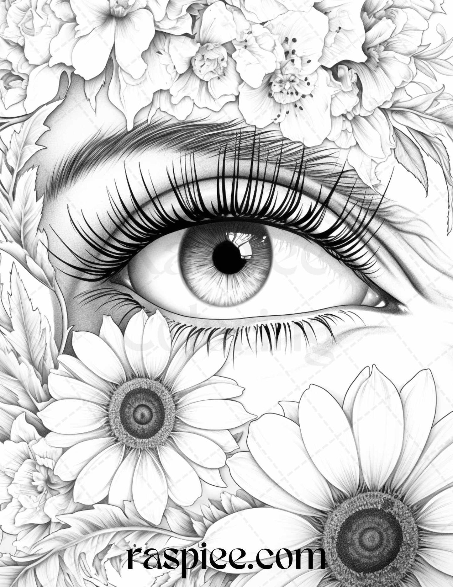 40 Charming Eyes Grayscale Coloring Pages Printable for Adults, PDF File Instant Download