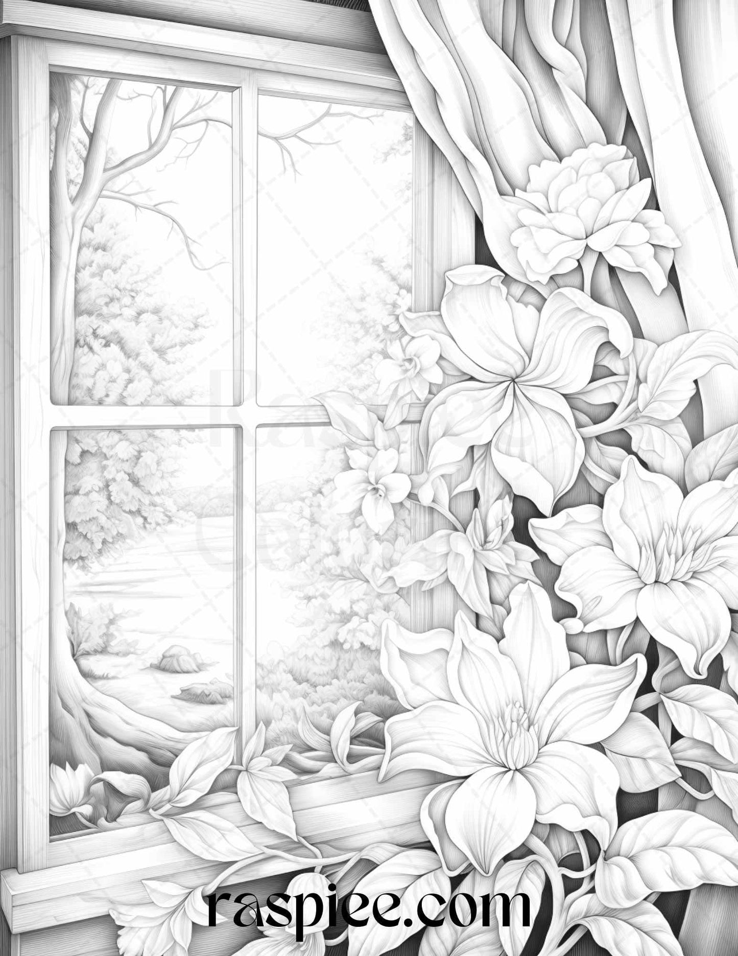 50 Blooming Windows Grayscale Coloring Pages Printable for Adults, PDF File Instant Download