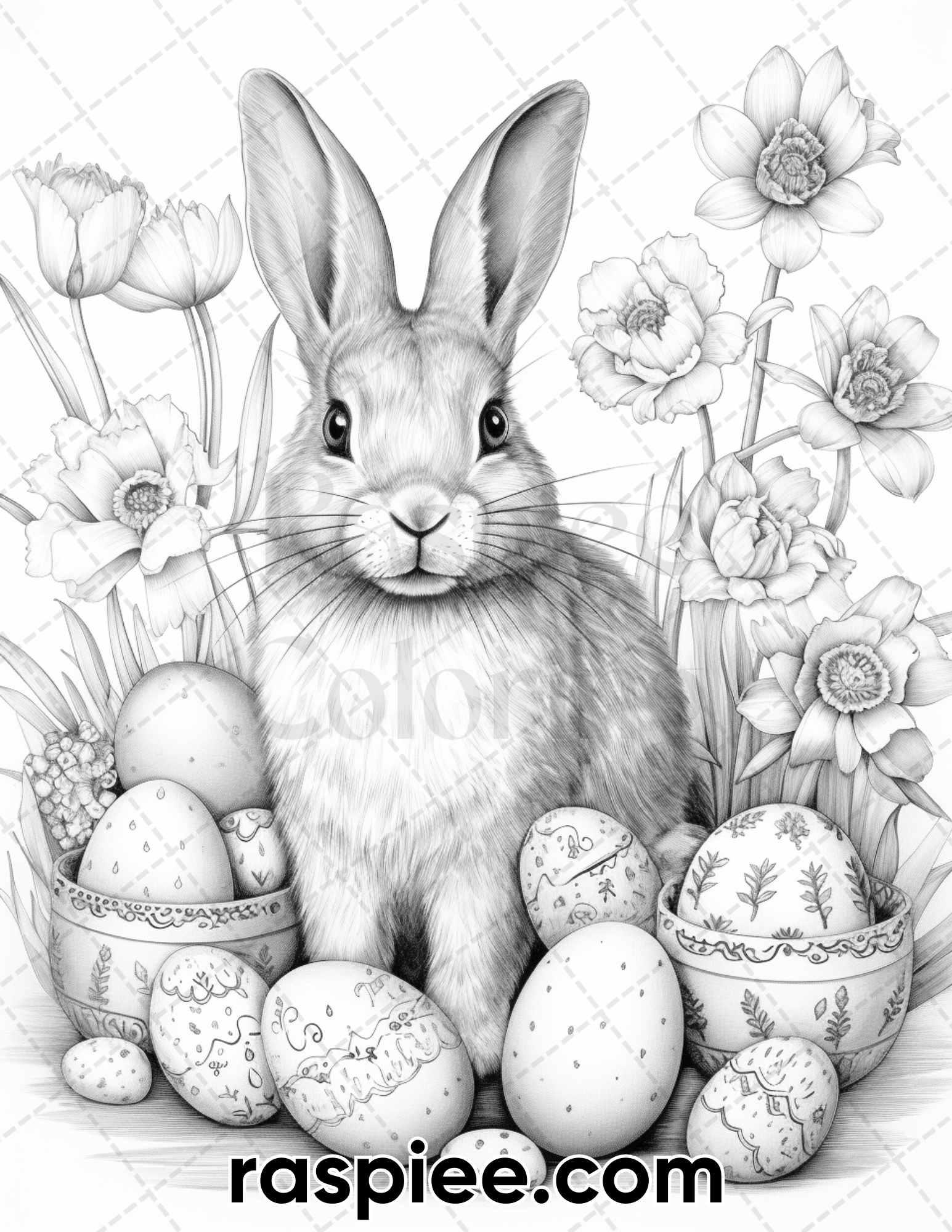 40 Easter Bunny Grayscale Adult Coloring Pages, Printable PDF Instant Download