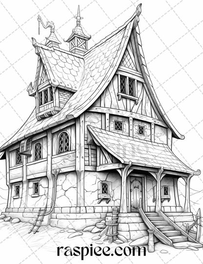 40 Viking Houses Grayscale Coloring Pages Printable for Adults, PDF File Instant Download