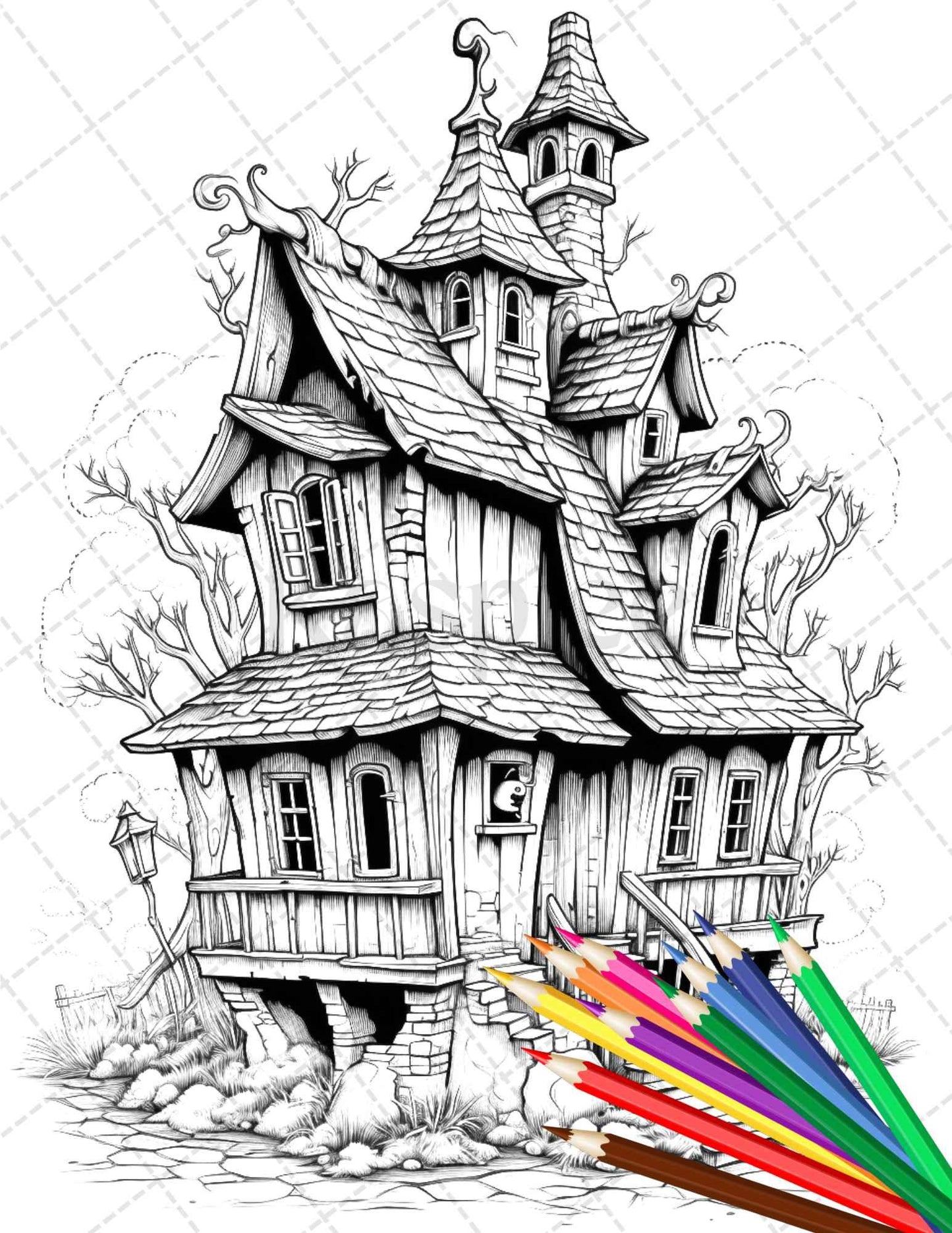 32 Spooky Houses Coloring Pages Printable for Adults, Grayscale Coloring Page, PDF File Instant Download