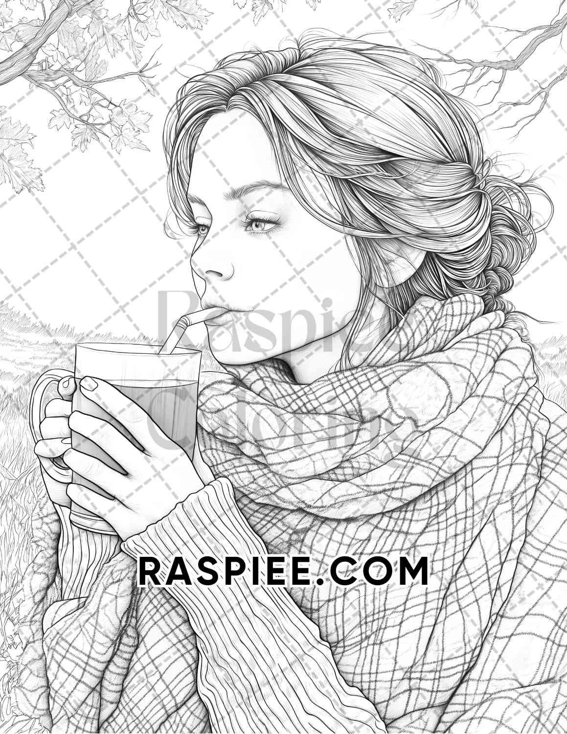 Autumn Beauties Portrait Adult Coloring Pages Printable PDF Instant Download