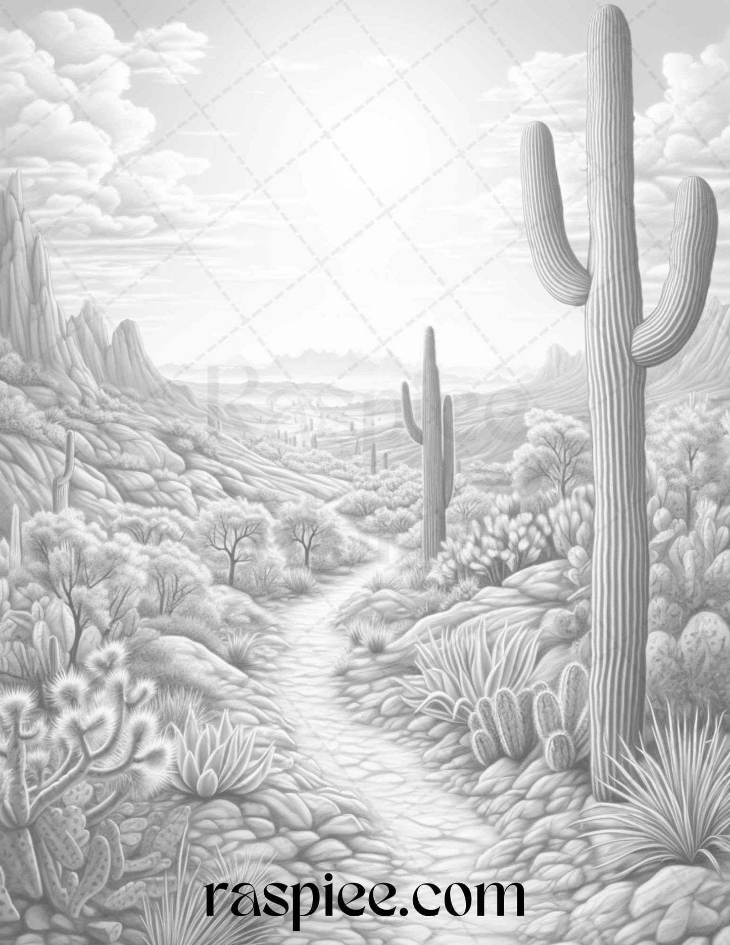 40 Desert Landscapes Grayscale Coloring Pages Printable for Adults, PDF File Instant Download