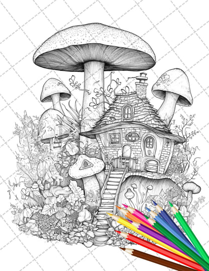 32 Whimsical Mushroom House Coloring Pages for Adults, Grayscale Coloring Book, Printable PDF File Download