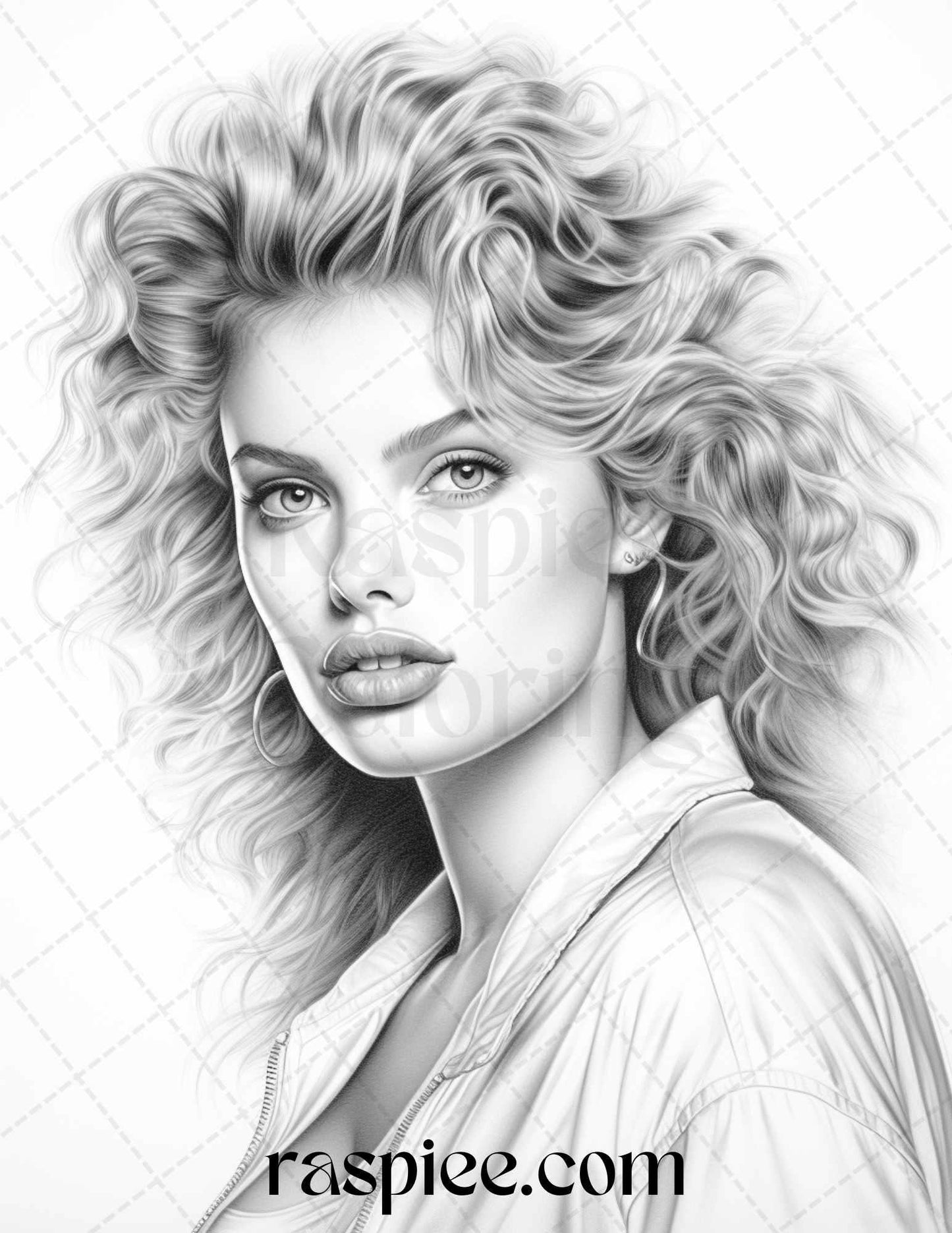 1980s Retro Beautiful Women Grayscale Coloring Pages for Adults, PDF File Instant Download