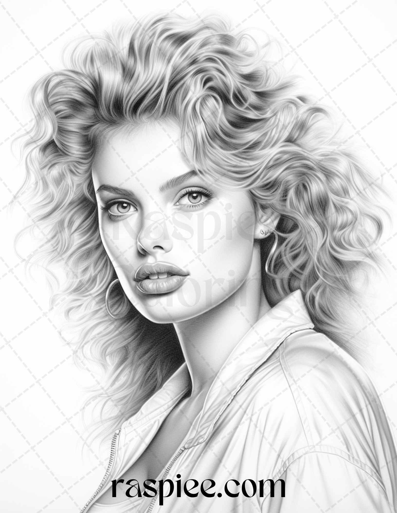 1980s Retro Beautiful Women Grayscale Coloring Pages for Adults, PDF File Instant Download