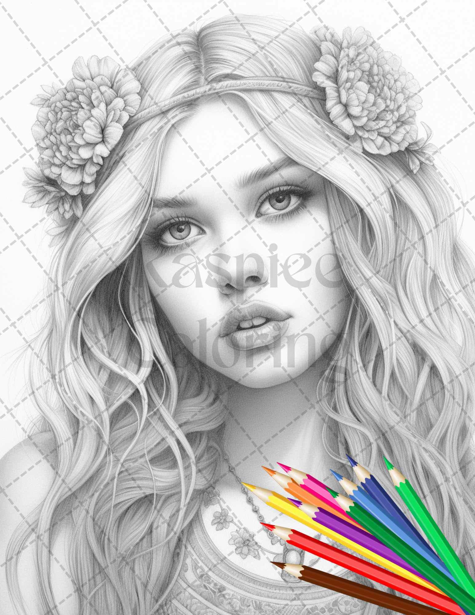 43 Beautiful Hippie Girls Grayscale Coloring Pages Printable for Adults, PDF File Instant Download