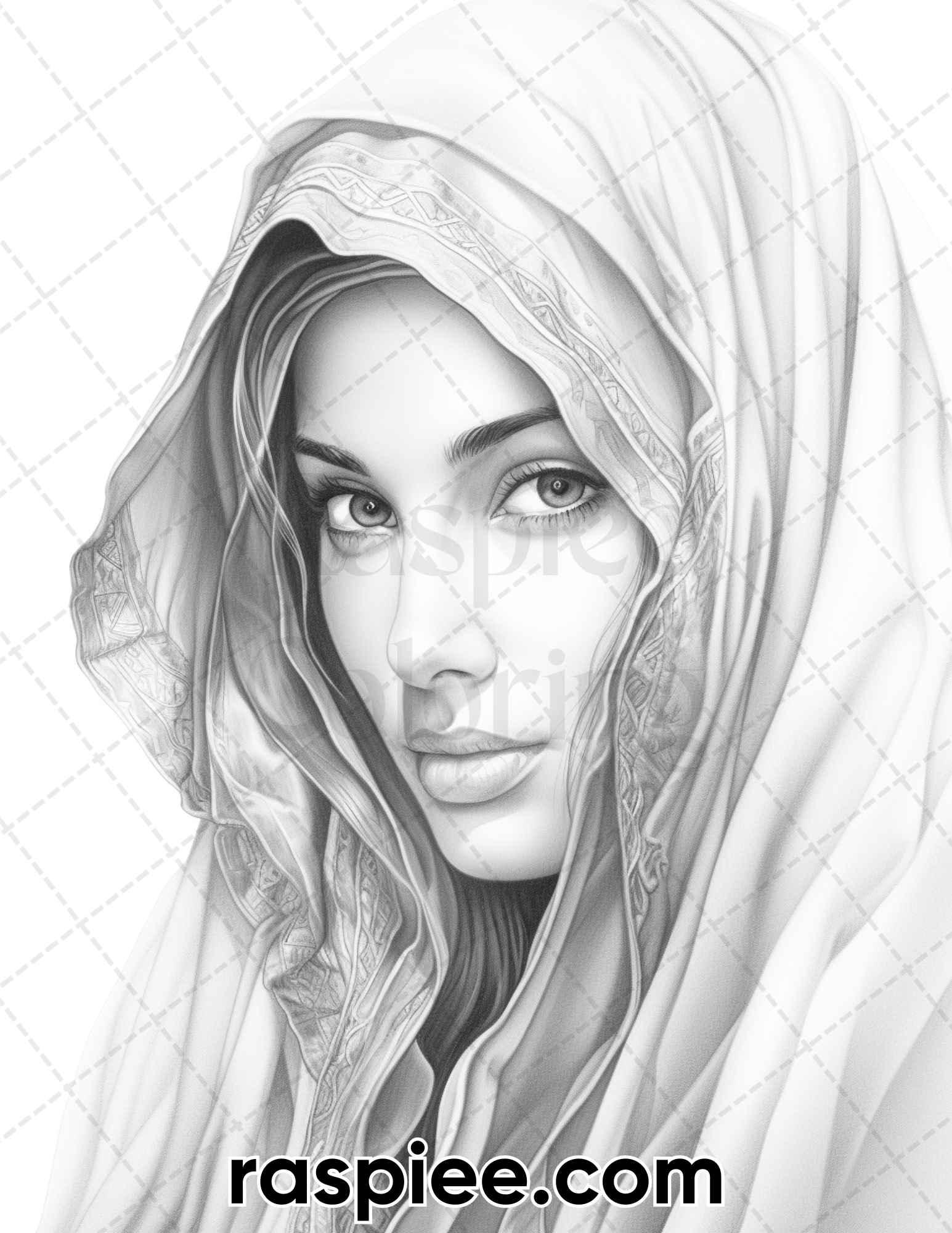 42 Arabian Woman Portrait Gayscale Coloring Pages for Adults, Printable PDF Instant Download