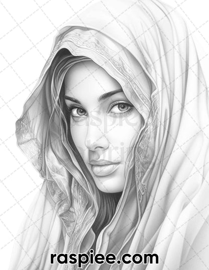 42 Arabian Woman Portrait Gayscale Coloring Pages for Adults, Printable PDF Instant Download