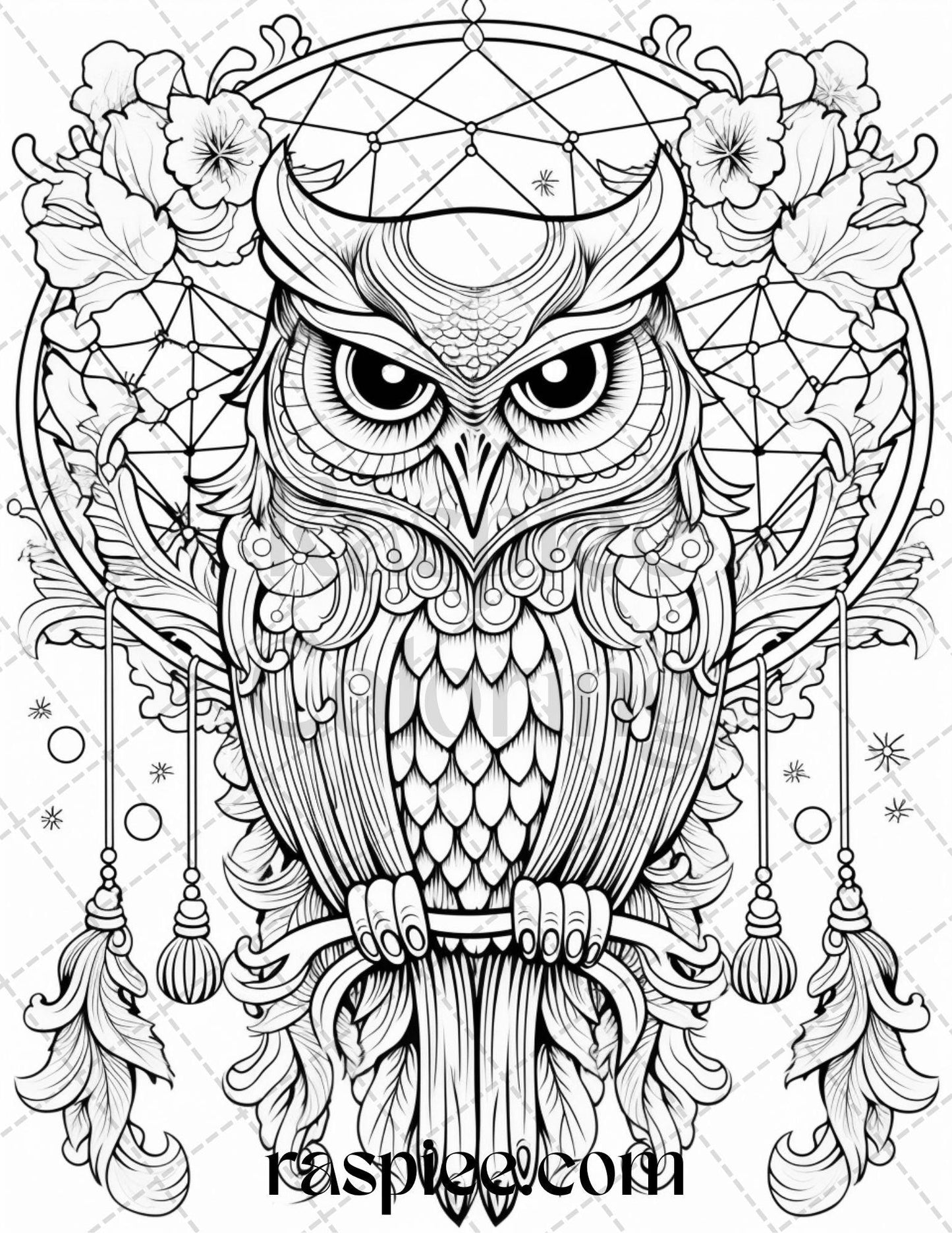 40 Floral Owl Grayscale Printable Coloring Pages for Adults, PDF File Instant Download