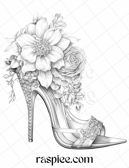 40 Flower Wedding Shoes Grayscale Coloring Pages Printable for Adults, PDF File Instant Download