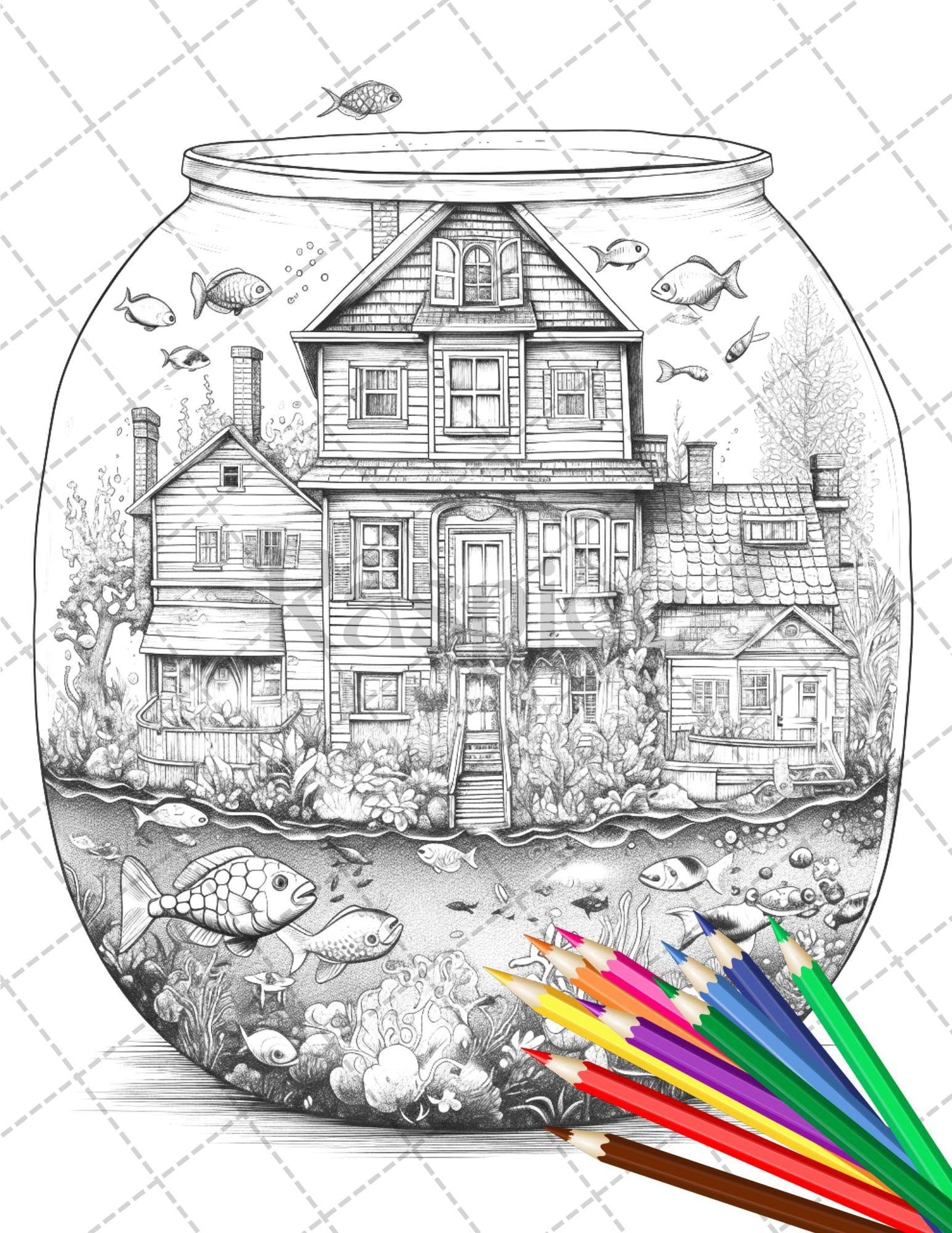 34 Fishtank Houses Coloring Book for Adults, Grayscale Coloring Page, Printable PDF Instant Download