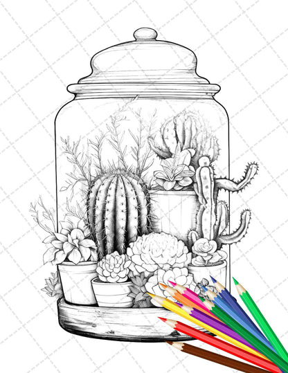 34 Enchanted Terrarium Grayscale Coloring Pages Printable for Adults, PDF File Instant Download