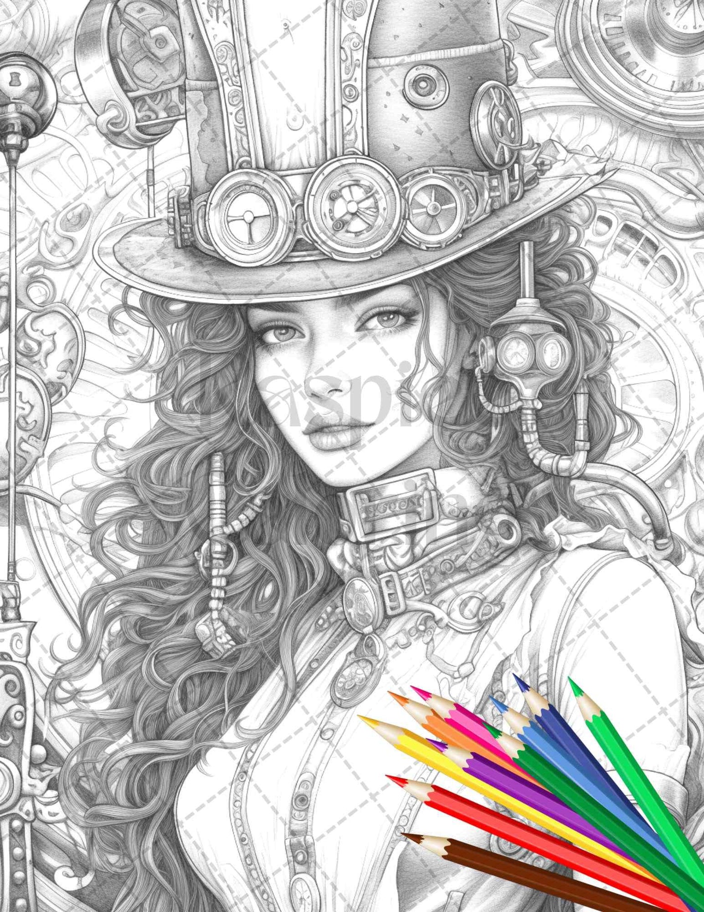 40 Steampunk Ladies Grayscale Coloring Pages Printable for Adults, PDF File Instant Download